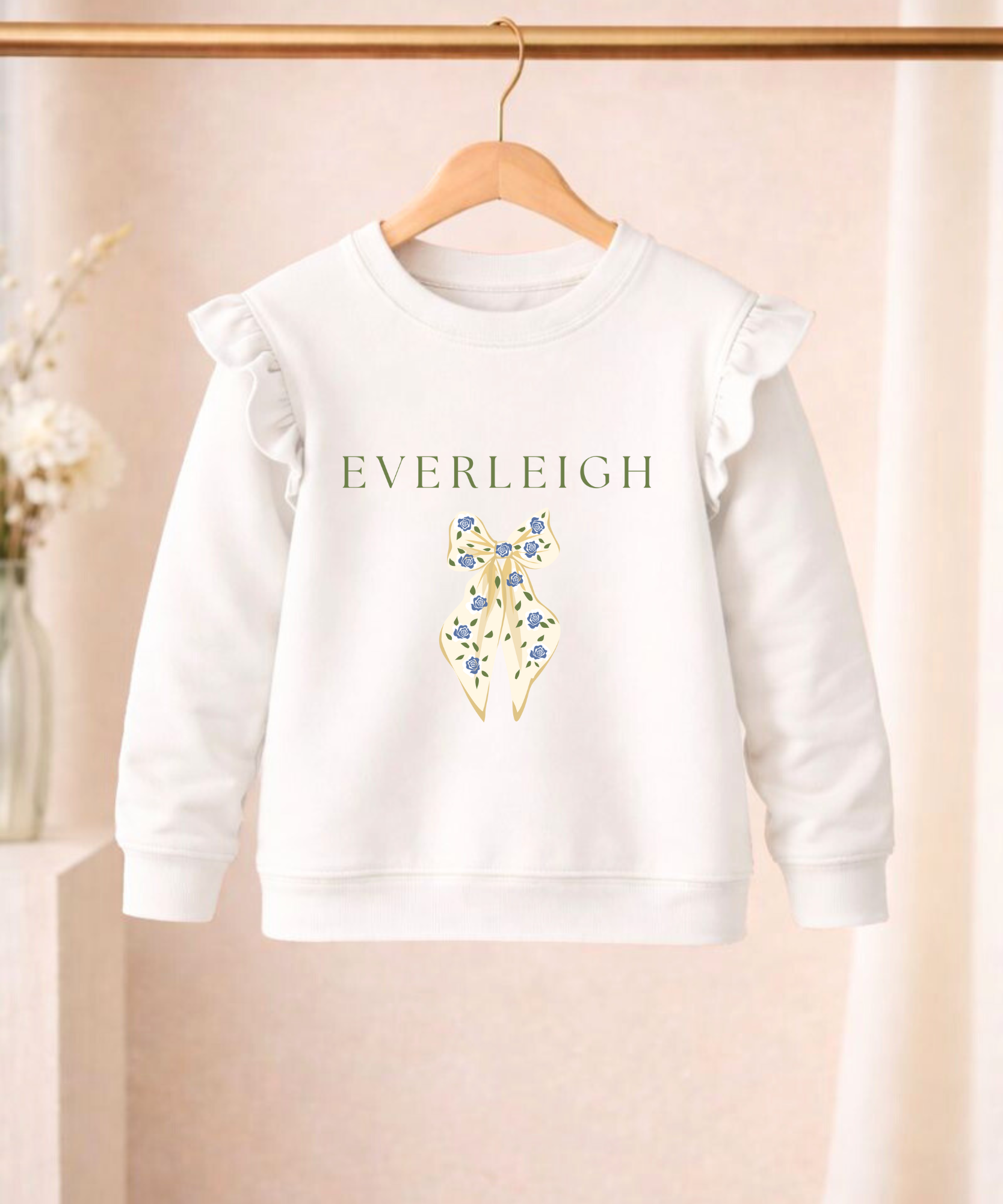Personalised girls frilled sweatshirt with floral bow design custom children's sweatshirt"
