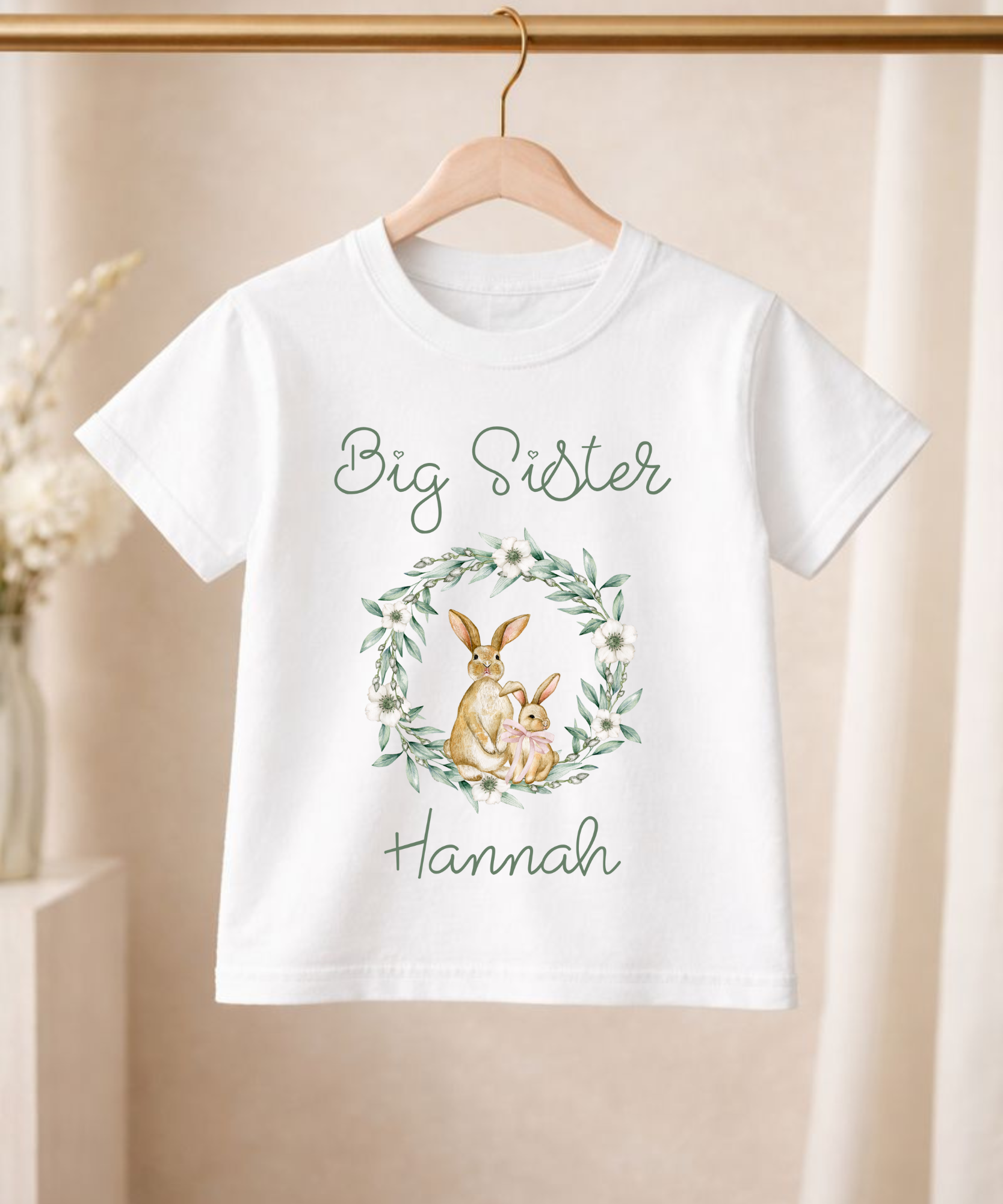 Personalised big sister and little sister matching bunny t-shirts custom sibling tees