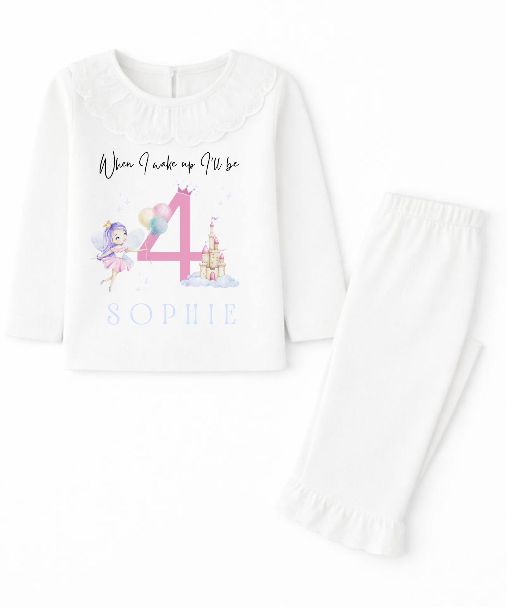 Personalised girls fairy princess frilled birthday pyjamas custom children's birthday PJs