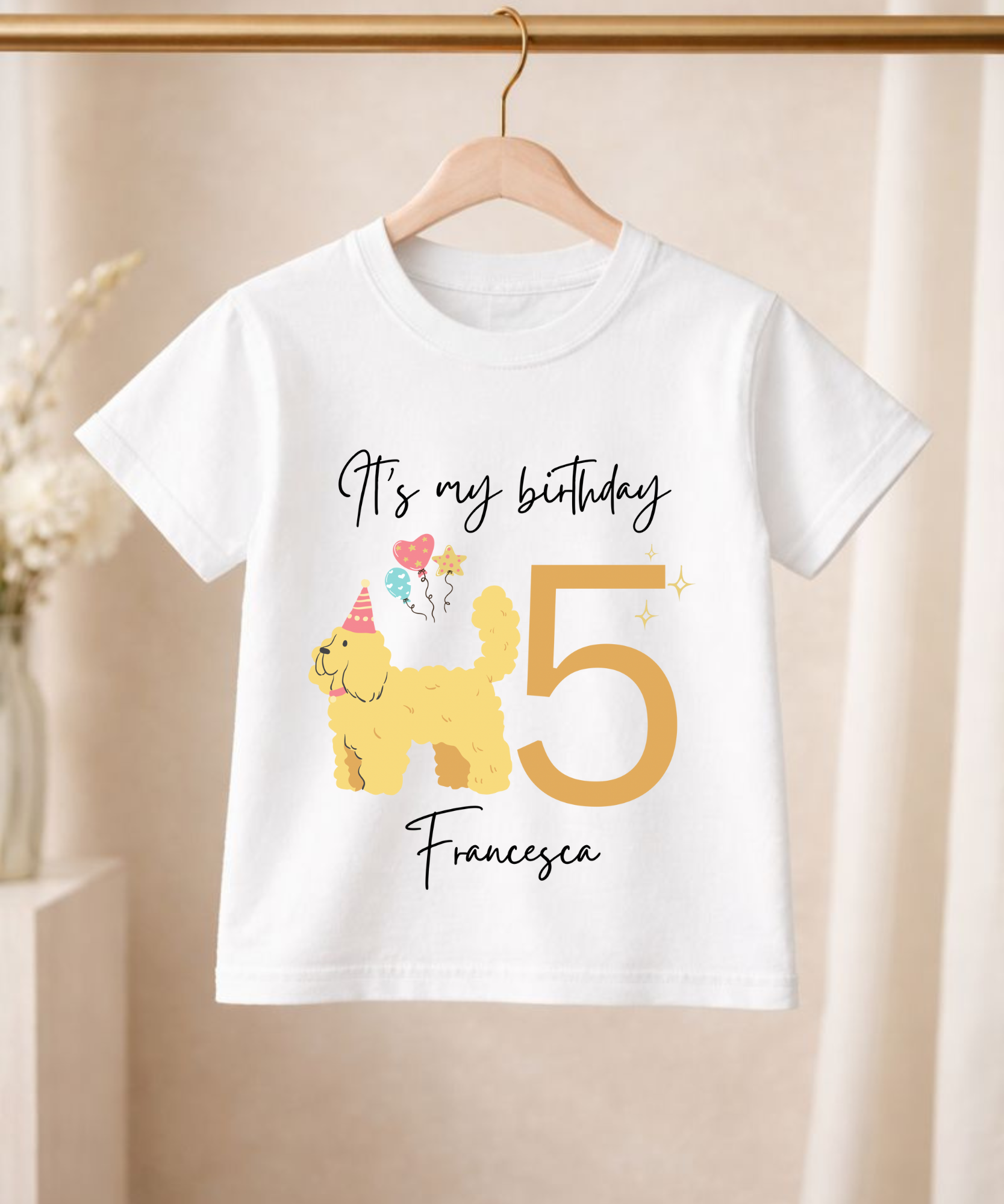 Children's personalised birthday dog t-shirt. Perfect for dog-themed birthdays. Adorable children's birthday apparel