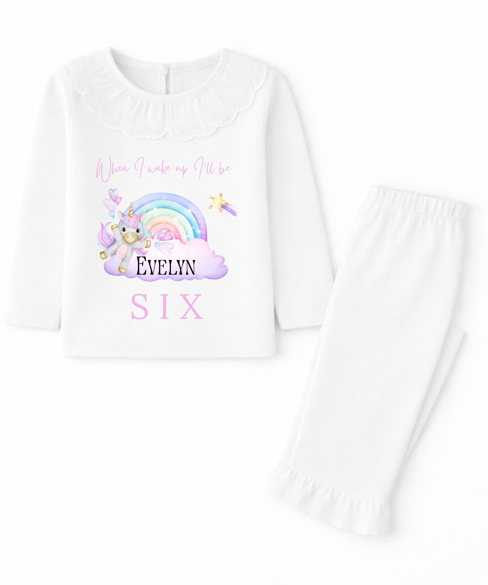 Personalised children's unicorn birthday pyjamas for girls custom kids birthday PJs