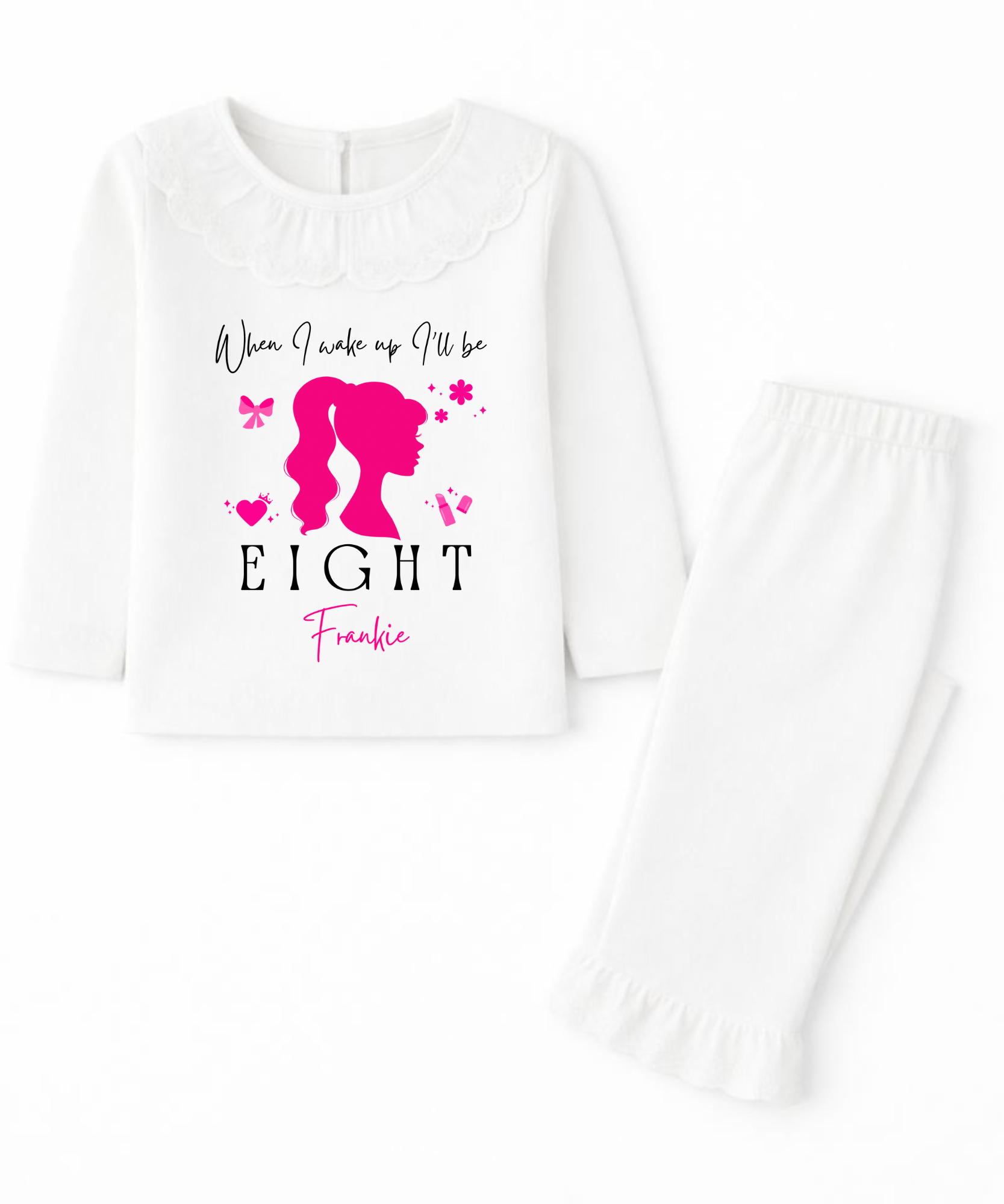 White pajama set with pink Barbie silhouette and text on a white background