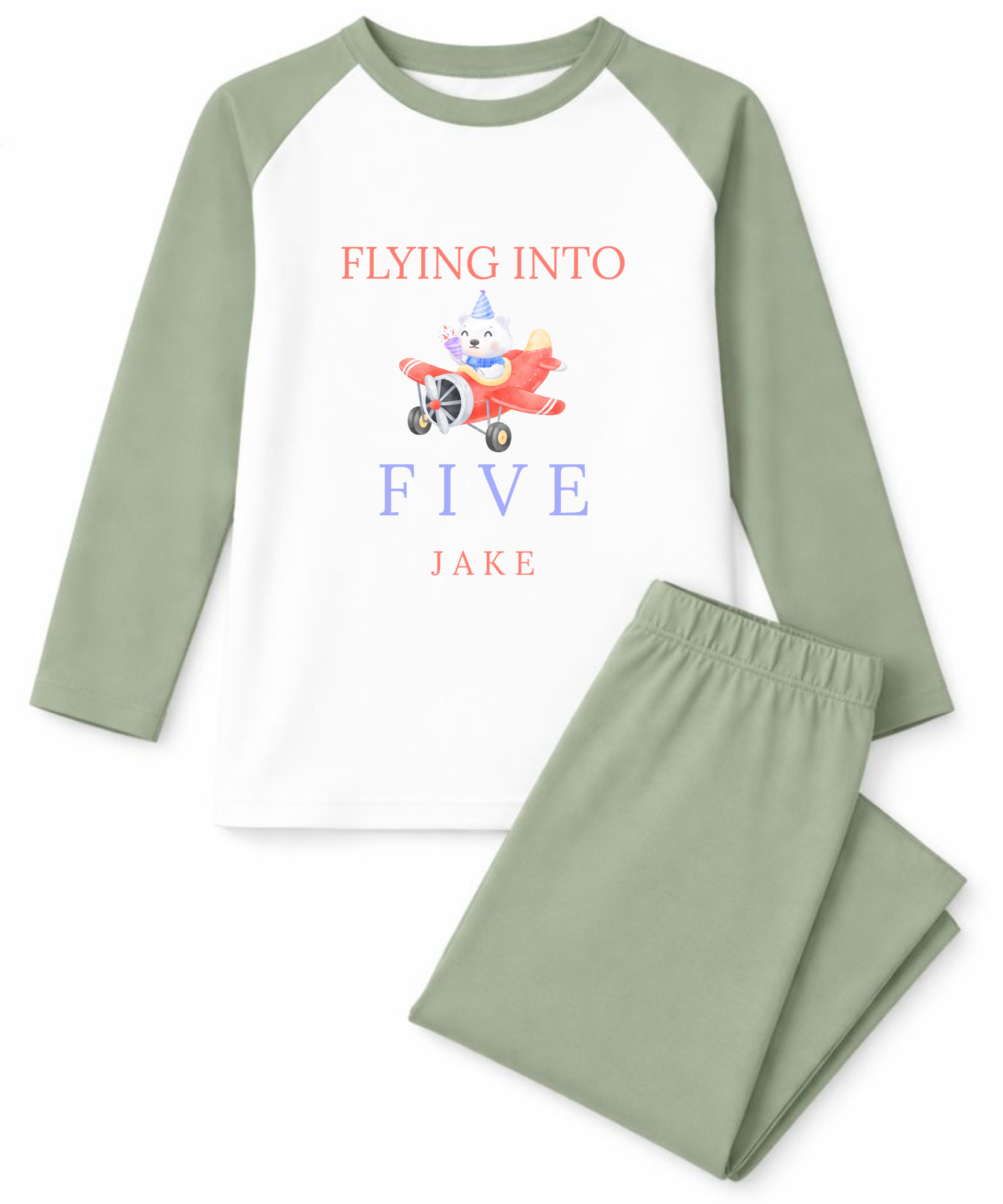 Children's pajama set with a shirt and pants, featuring an airplane and text design on a white background.