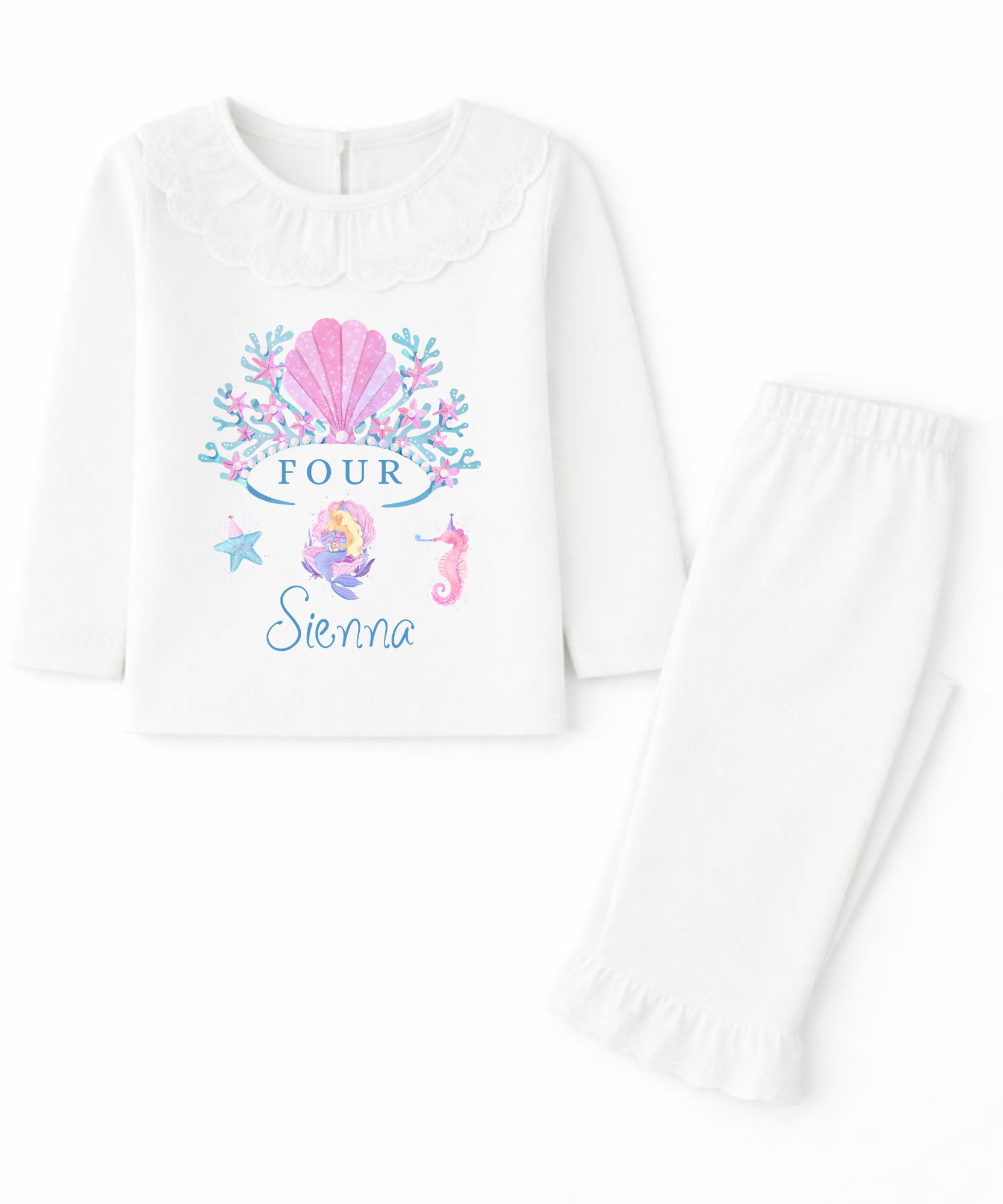 White long-sleeve shirt and pants with mermaid-themed design and text on a white background
