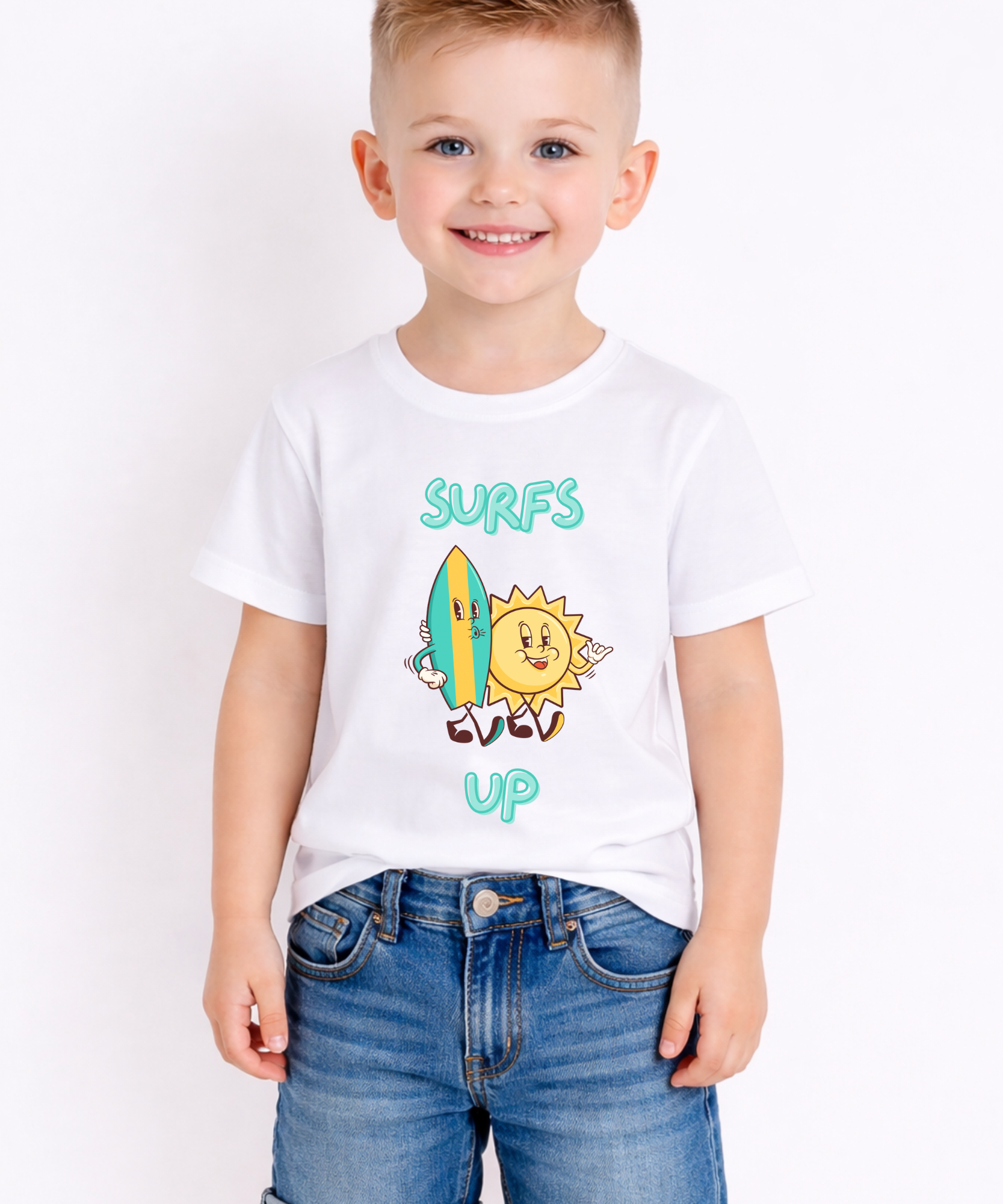 Child wearing a white t-shirt with a sun and surfboard graphic and 'Surfs Up' text on a plain background