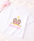 White t-shirt with 'Beach Vibes' design featuring flip-flops and a sun on a white background.