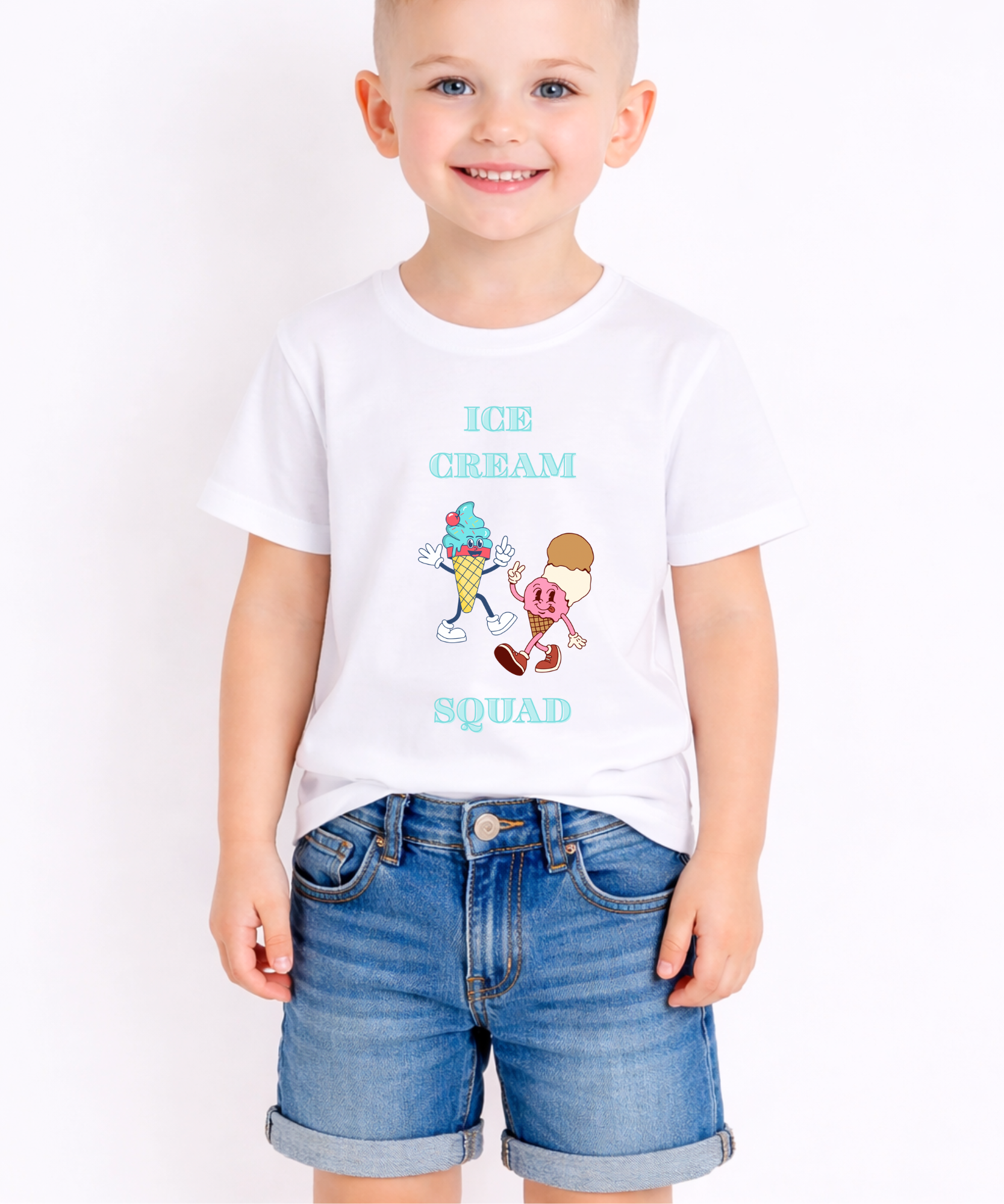 Child wearing a white t-shirt with ice cream-themed graphics and text on a plain background
