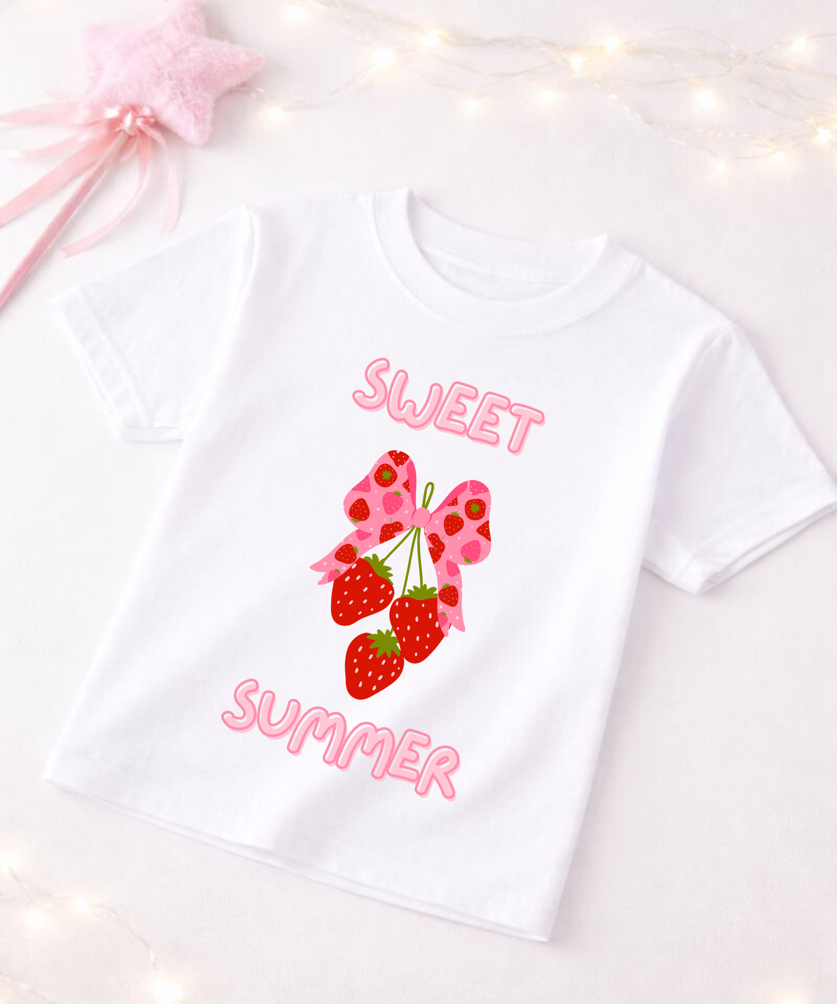 White t-shirt with 'Sweet Summer' text and strawberry design on a light background