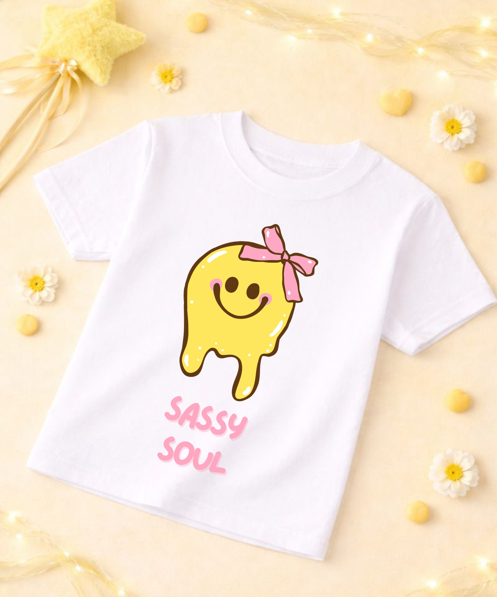 White t-shirt with a yellow character wearing a pink bow and 'Sassy Soul' text on a yellow background.