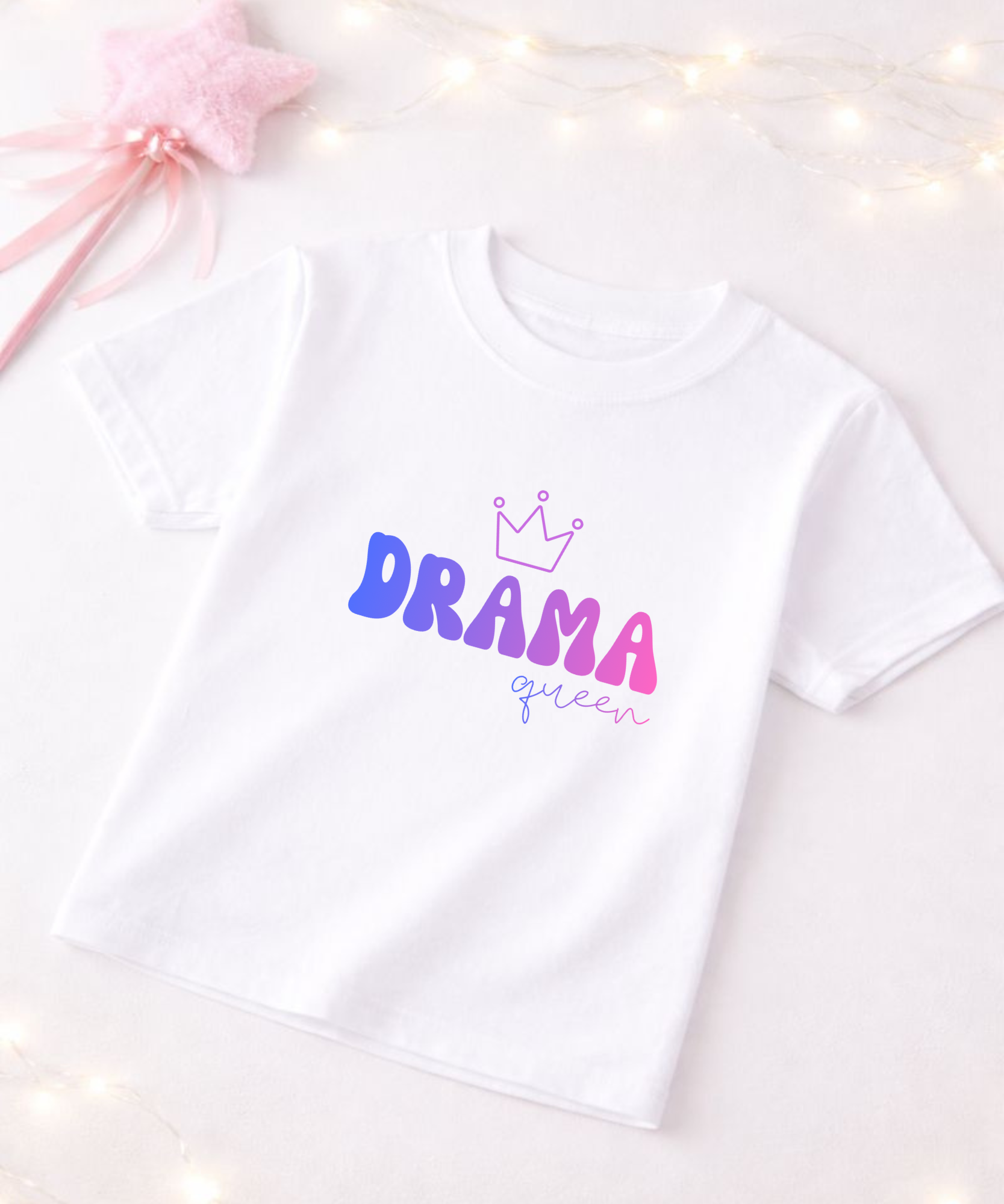 White t-shirt with 'Drama Queen' text on a white background